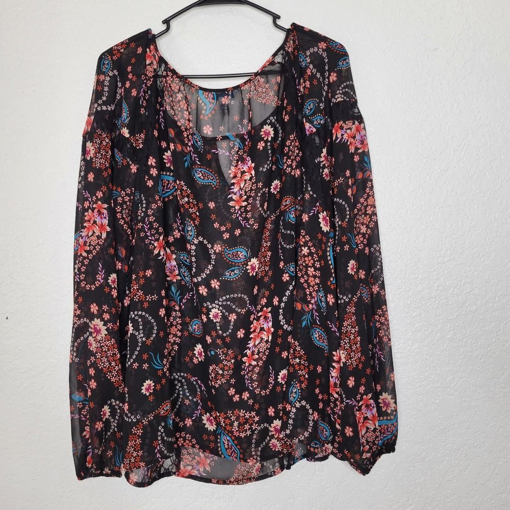 Boutique Plus Sheer Lace Detail Paisley Floral Print Long Sleeve Blouse Size 3X - Picture 6 of 7